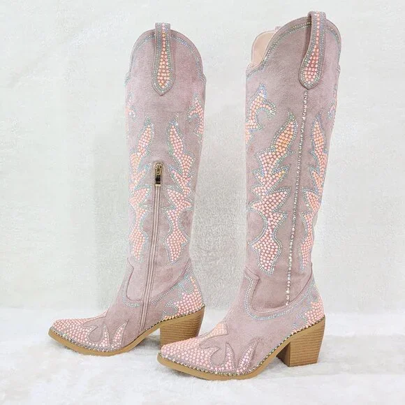 Sparks Country Western Cowgirl Knee Boots Dazzleing Iridescent Rhinestones Pink